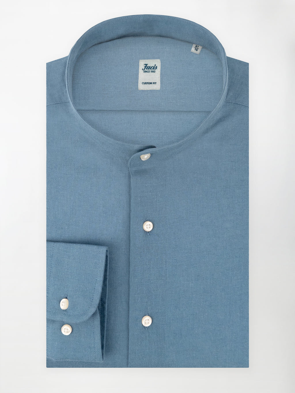 Camicia in Lino e Cotone con Collo Coreano - Color Indaco - Custom Fit image 0