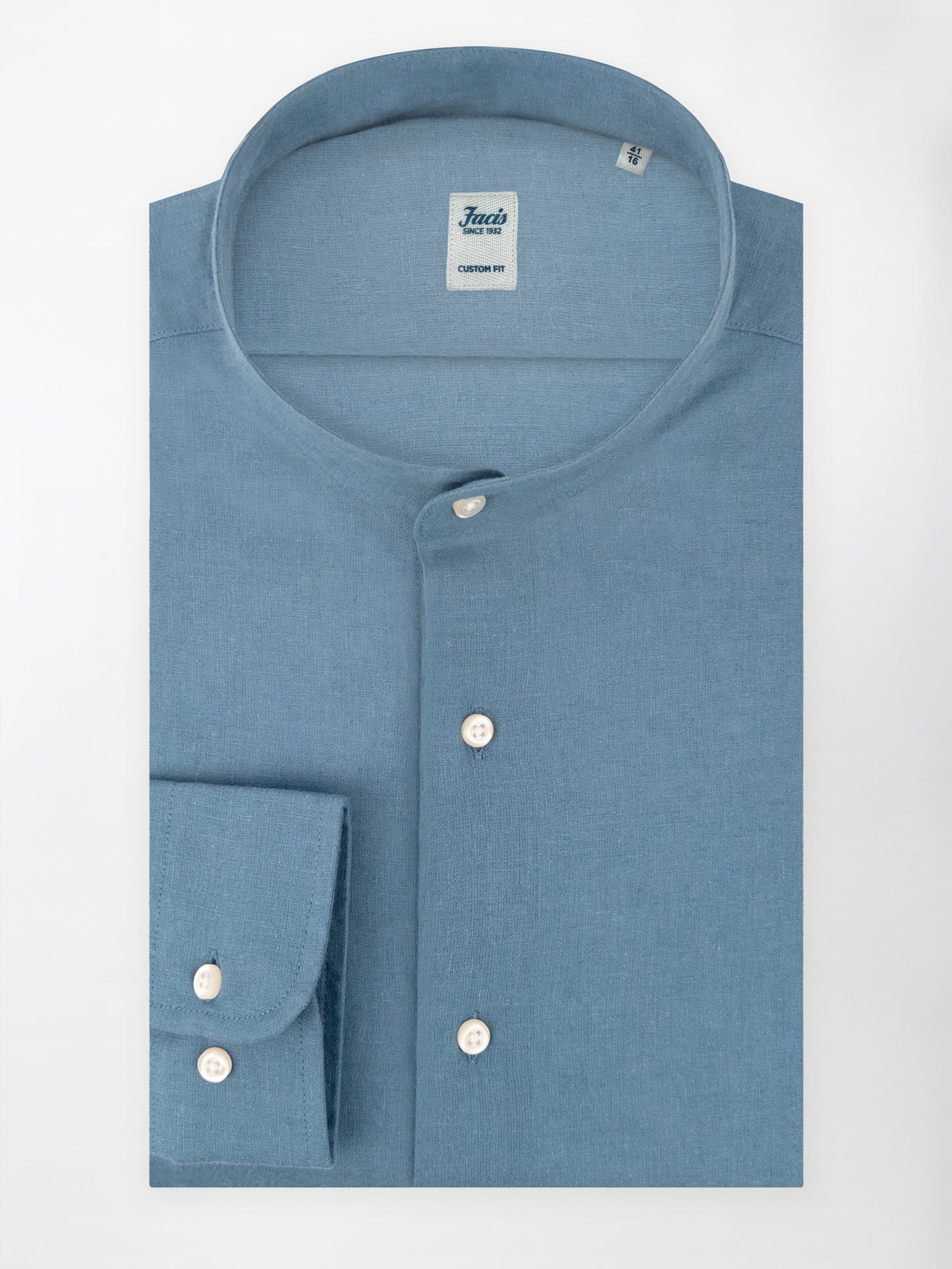 Camicia in Lino e Cotone con Collo Coreano - Color Indaco - Custom Fit image 0