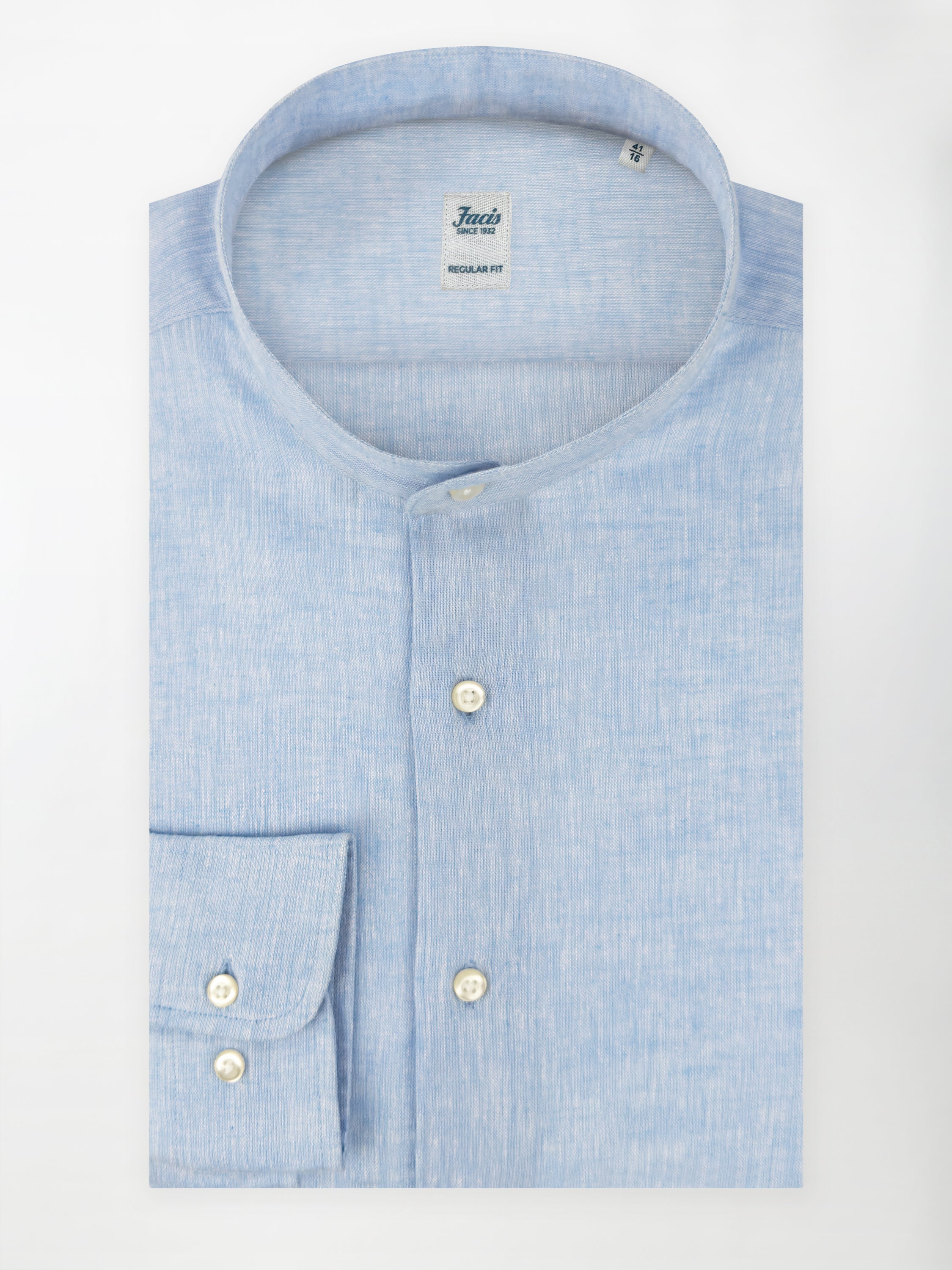 Camicia in Lino e Cotone con Collo Coreano - Color Azzurro - Regular Fit image 0