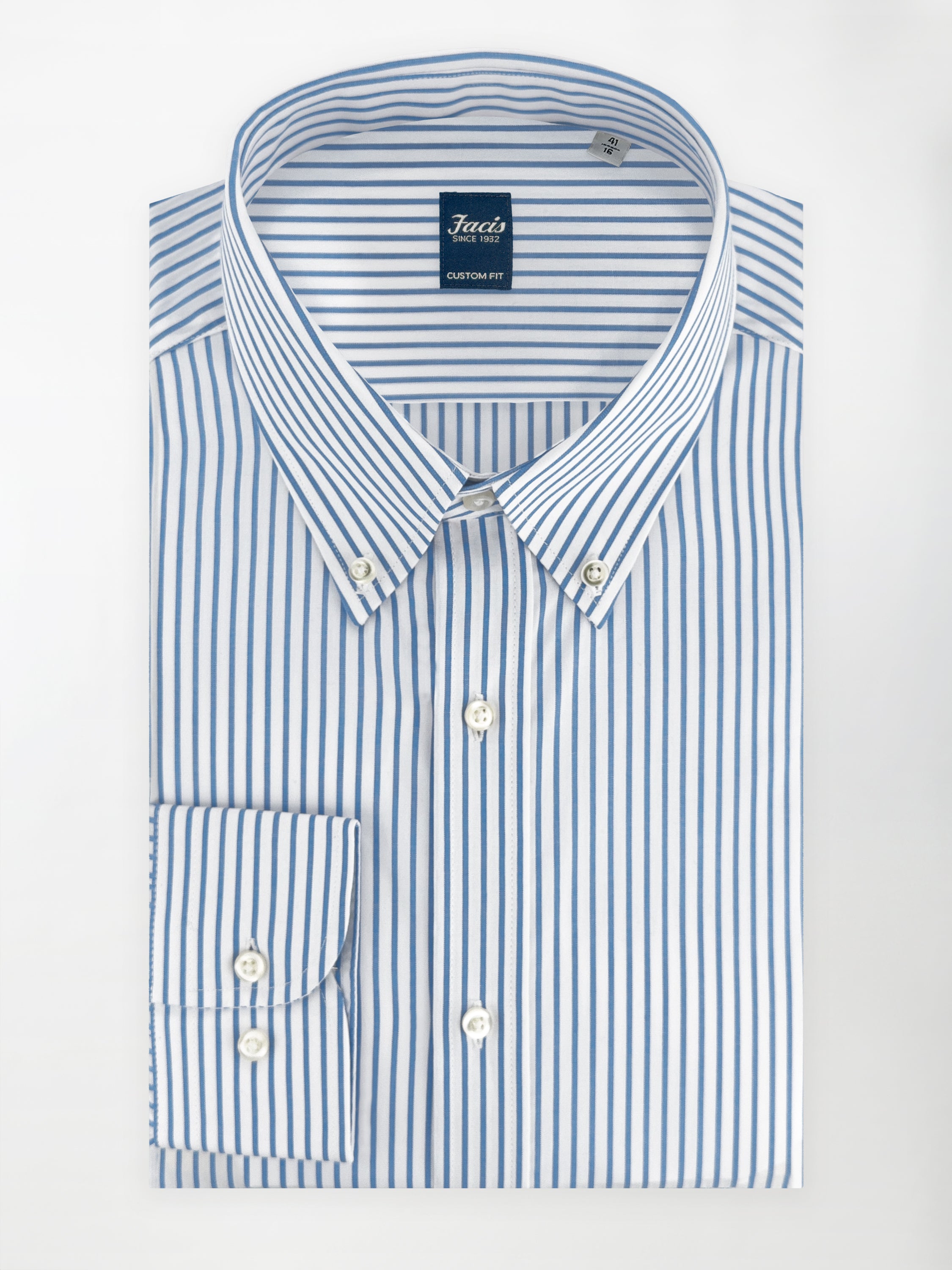 Camicia collo button-down a righe alternate azzurre e bianche - Custom Fit image 0