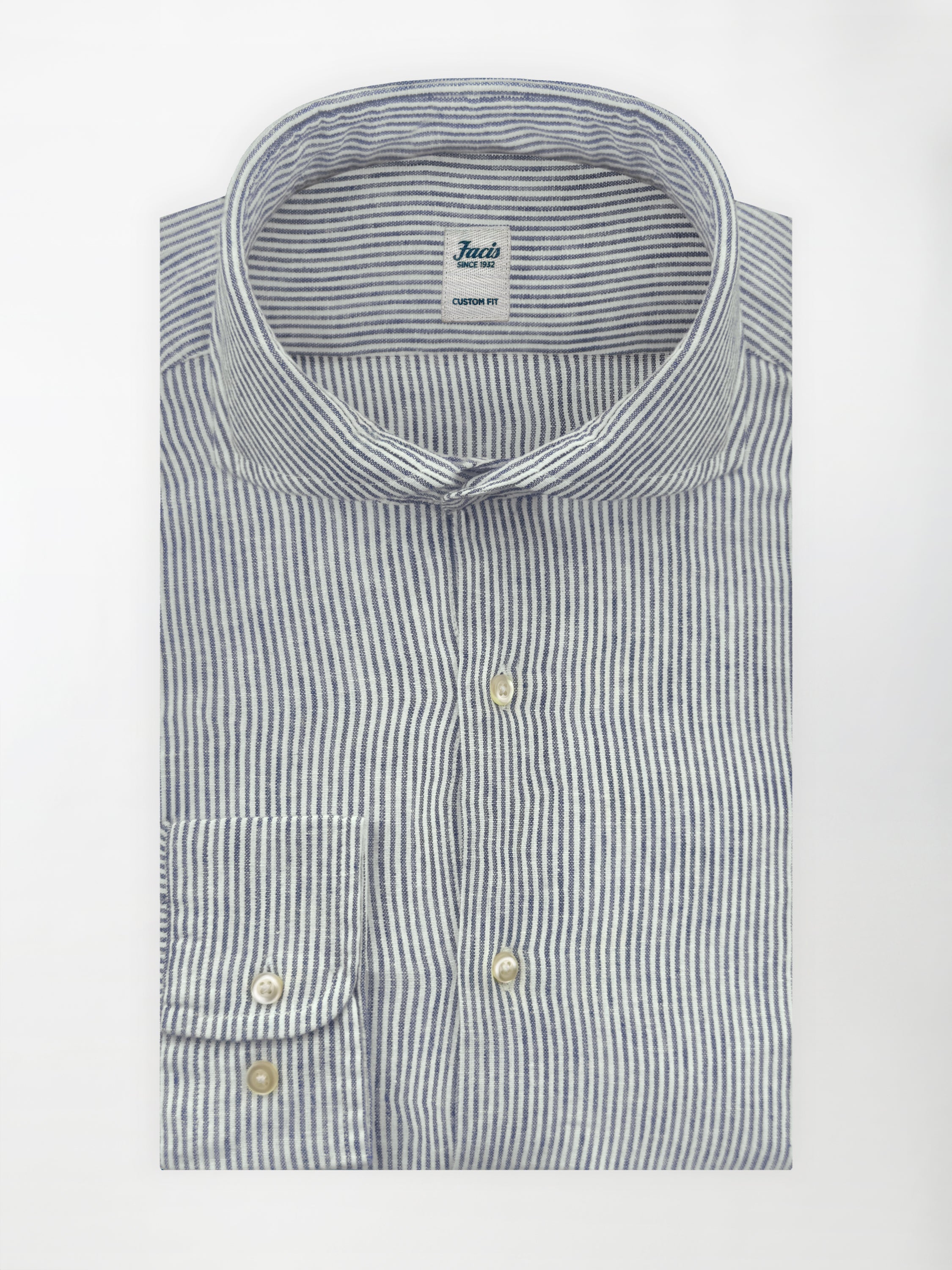 Camicia in Lino e Cotone con Collo Francese aperto - Righe Blu - Custom fit image 1