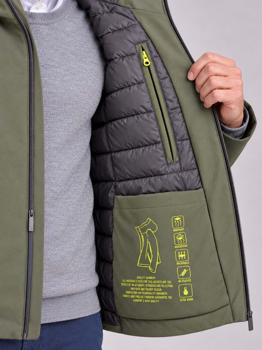 Giubbotto corto imbottito con rivestimento softshell - Color Verde militare