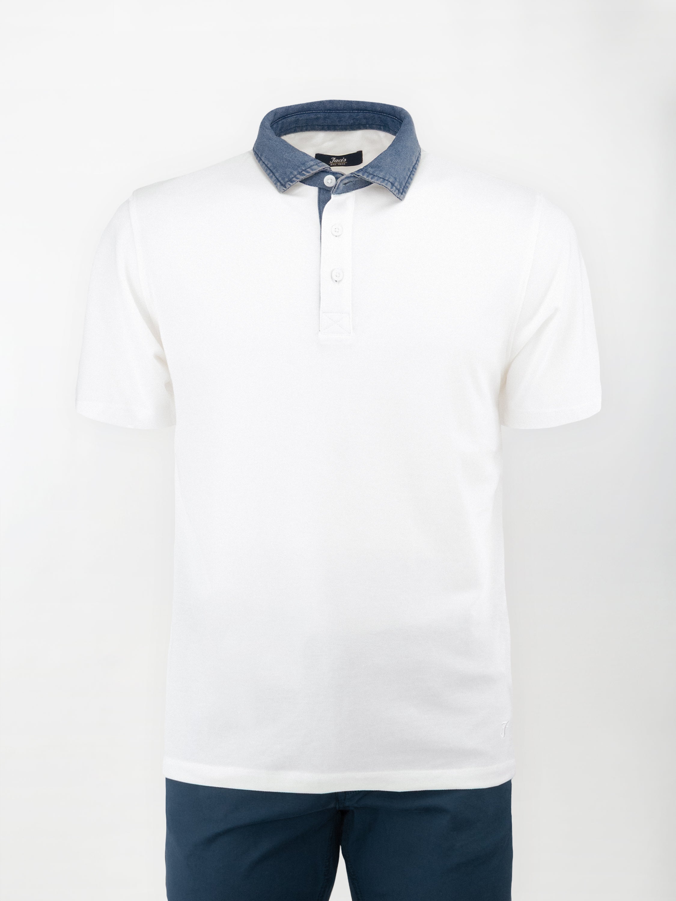 Polo in cotone piquet con colletto denim - color Bianco image 0